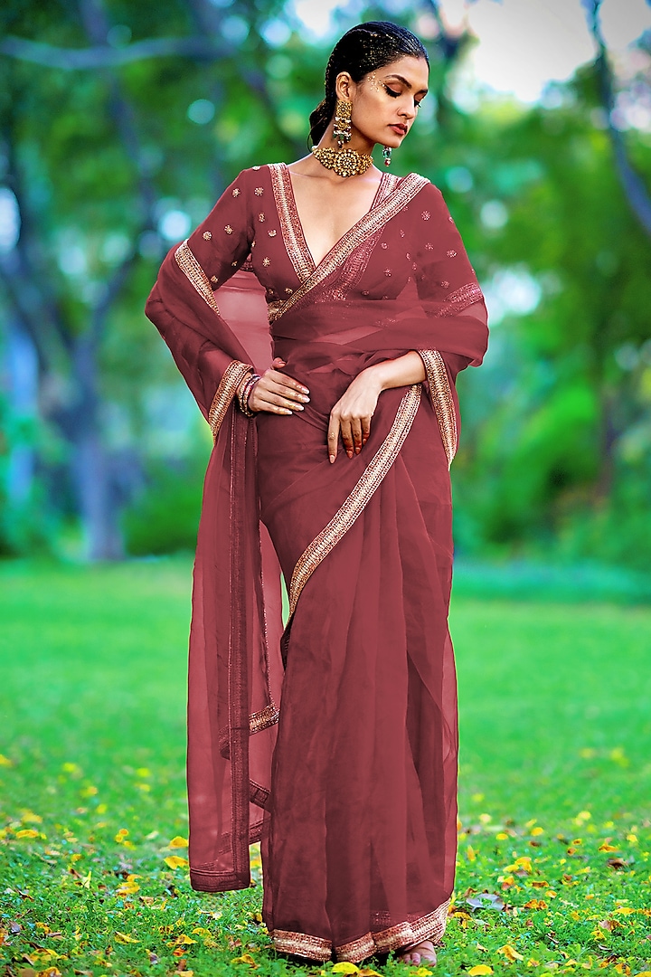 Marsala Embroidered Saree Set by Talking Threads