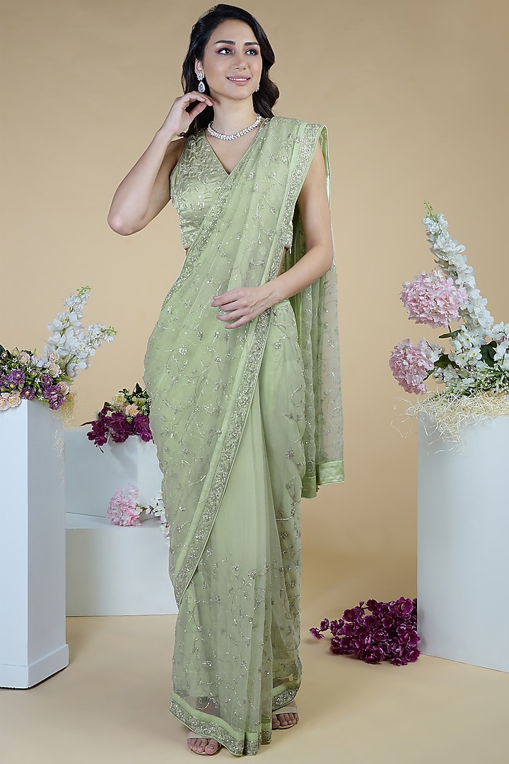 Pastel Mint Embroidered Saree Set by Talking Threads