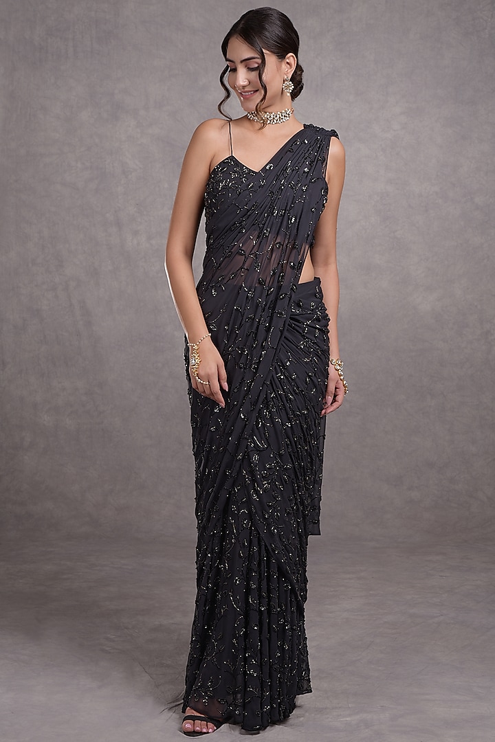 Black Embroidered Pre-Draped Saree Set by Talking Threads
