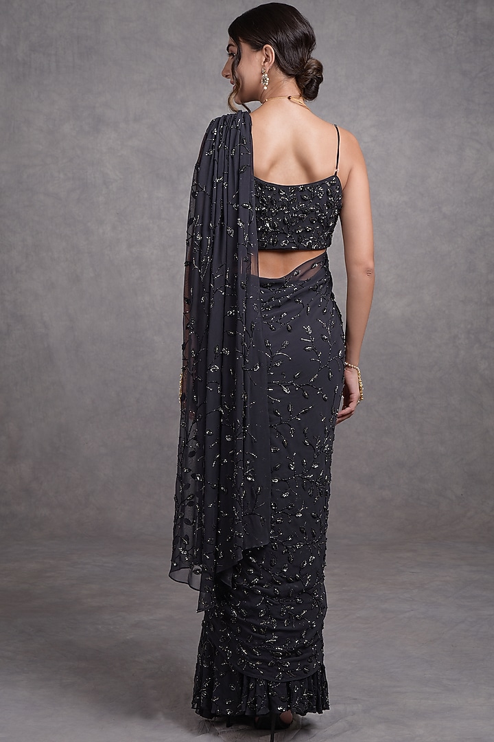 Black Embroidered Pre-Draped Bridal Saree Set by Talking Threads at Pernia's Pop Up Shop