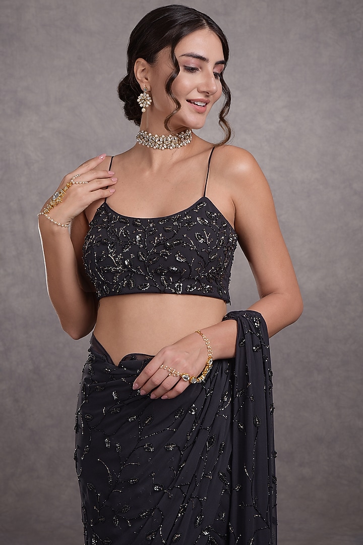 Black Embroidered Pre-Draped Bridal Saree Set by Talking Threads at Pernia's Pop Up Shop