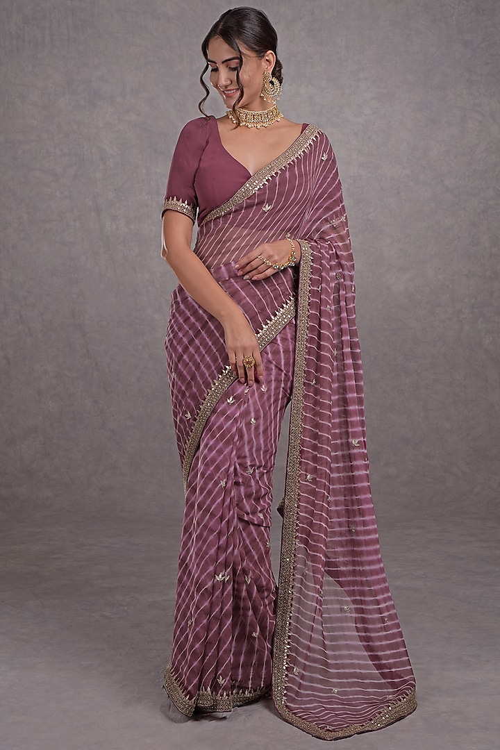 Burgundy Purple Embroidered Saree Set by Talking Threads