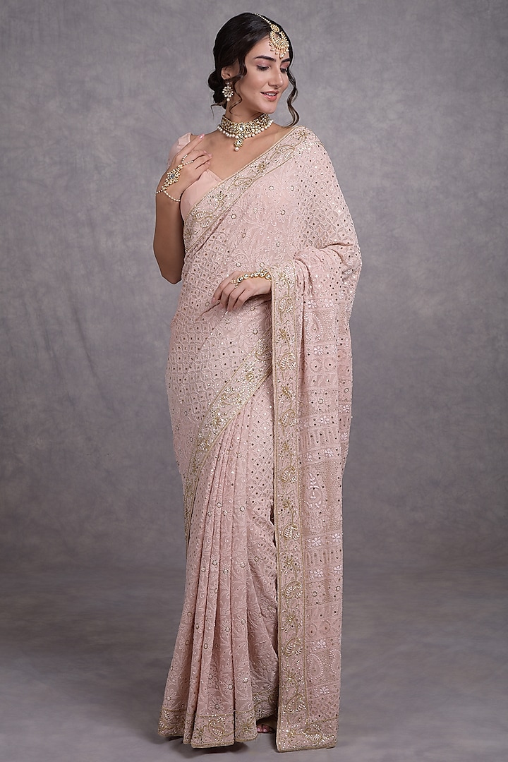 Oyster Pink Embroidered Saree Set by Talking Threads
