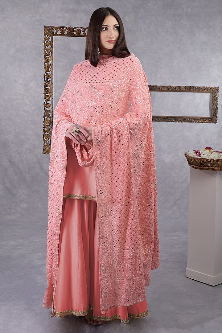 Peach Pink Silk Chanderi Sharara Set by Talking Threads