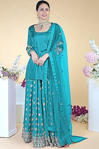 Teal Embroidered Sharara Set by Talking Threads
