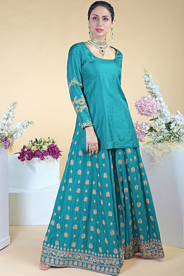 Teal Embroidered Bridal Sharara Set by Talking Threads at Pernia's Pop Up Shop