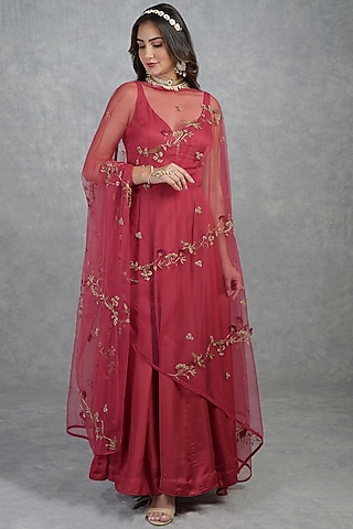 Red Embroidered Anarkali Set by Talking Threads