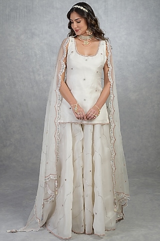 Off-White Embroidered Sharara Set by Talking Threads
