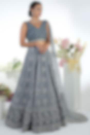 Grey Embroidered Bridal Lehenga Set by Talking Threads at Pernia's Pop Up Shop