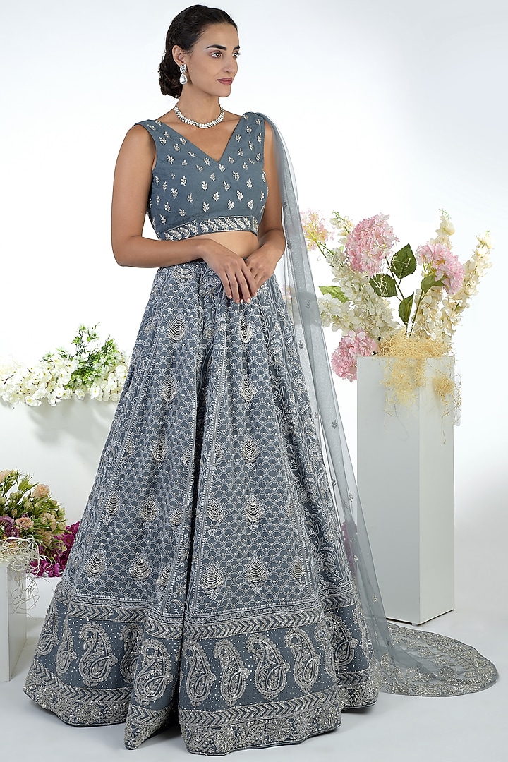 Grey Embroidered Bridal Lehenga Set by Talking Threads at Pernia's Pop Up Shop