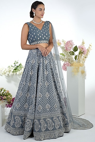 Grey Embroidered Lehenga Set by Talking Threads