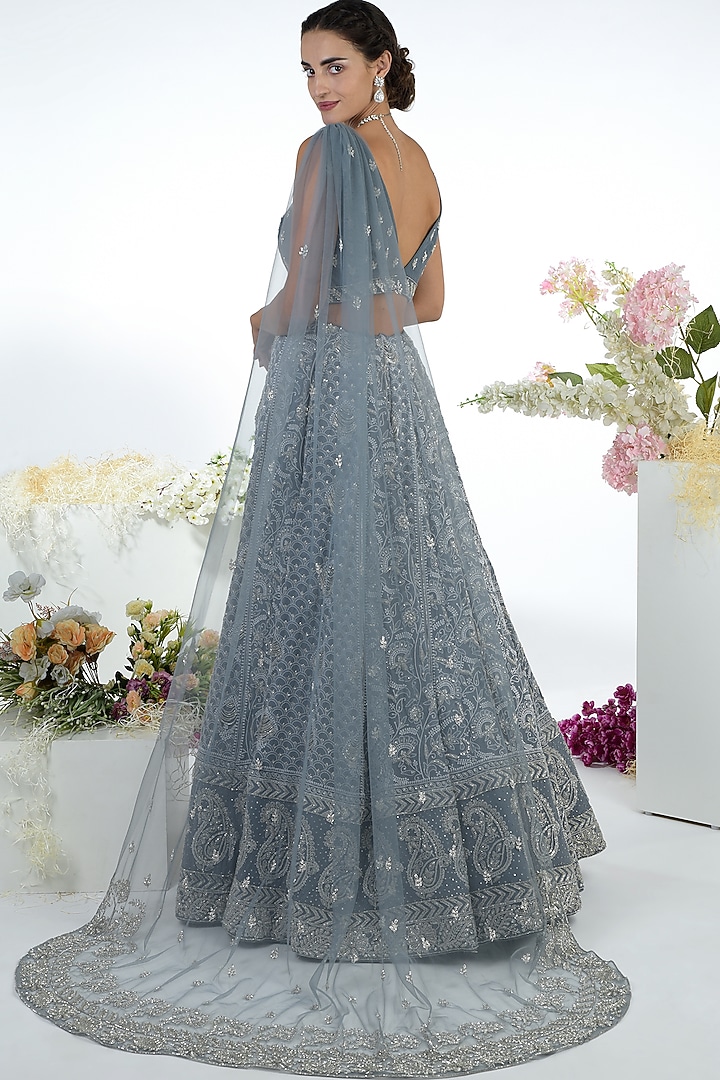 Grey Embroidered Bridal Lehenga Set by Talking Threads at Pernia's Pop Up Shop