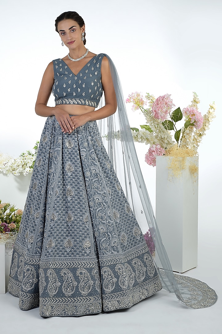Grey Embroidered Bridal Lehenga Set by Talking Threads at Pernia's Pop Up Shop
