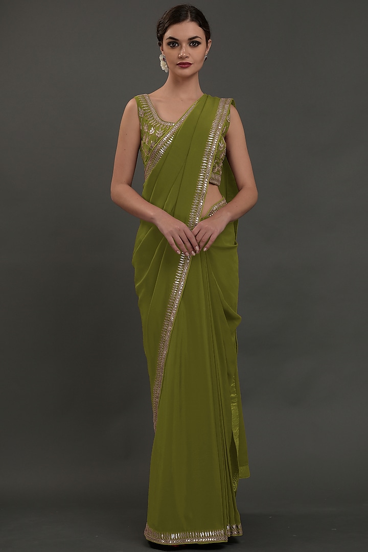 Avocado Green Embroidered Saree Set by Talking Threads