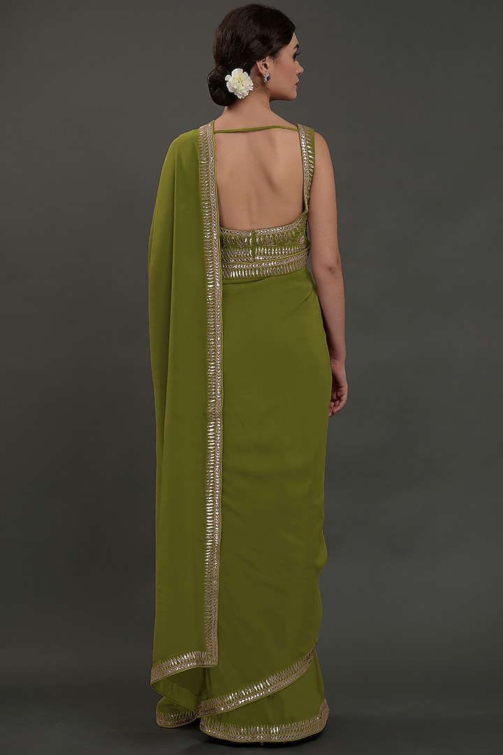 Avocado Green Embroidered Wedding Saree Set by Talking Threads at Pernia's Pop Up Shop