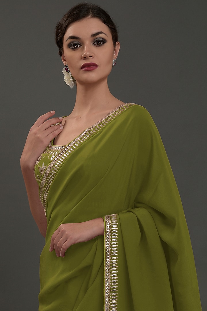 Avocado Green Embroidered Wedding Saree Set by Talking Threads at Pernia's Pop Up Shop