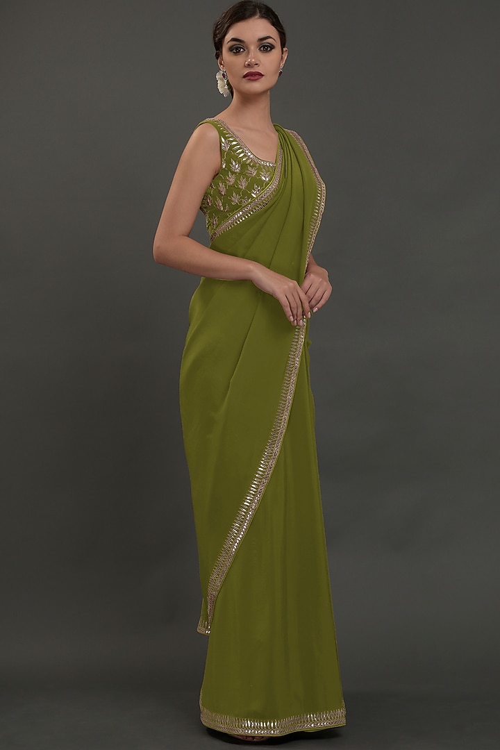 Avocado Green Embroidered Wedding Saree Set by Talking Threads at Pernia's Pop Up Shop