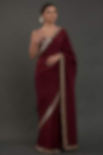 Burgundy Crepe Embroidered Saree Set by Talking Threads