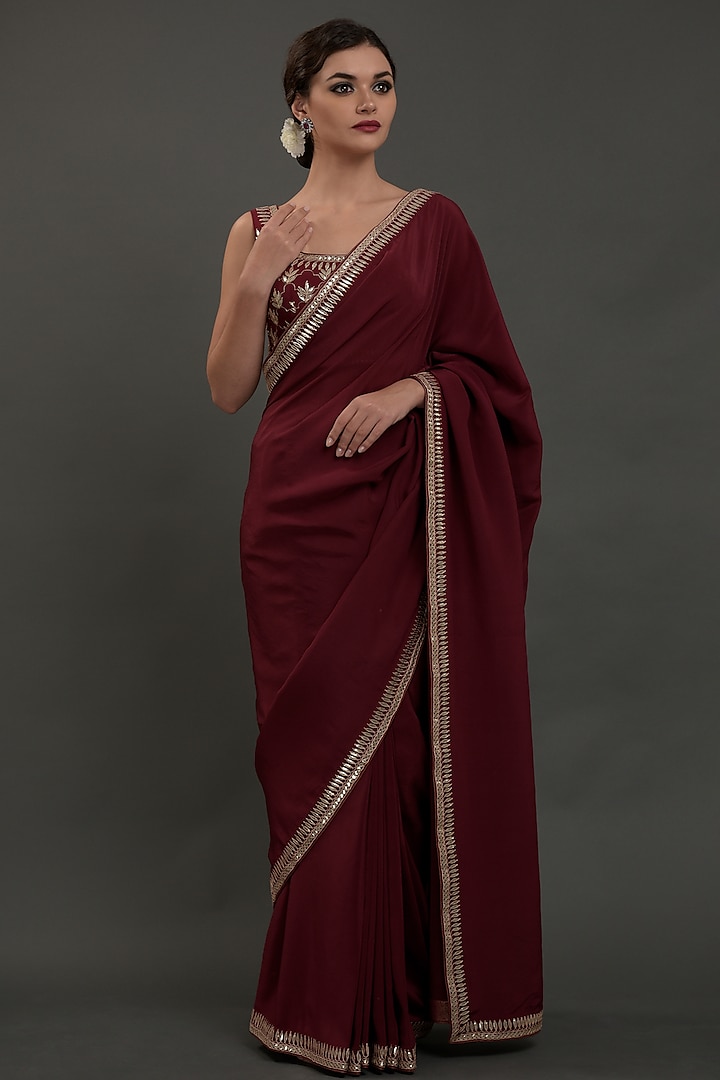 Burgundy Crepe Embroidered Saree Set by Talking Threads