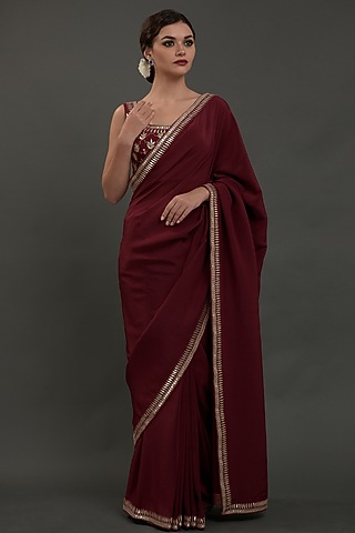 Burgundy Crepe Embroidered Saree Set by Talking Threads