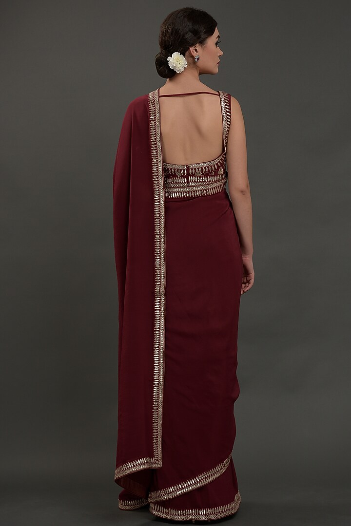 Burgundy Crepe Embroidered Wedding Saree Set by Talking Threads at Pernia's Pop Up Shop
