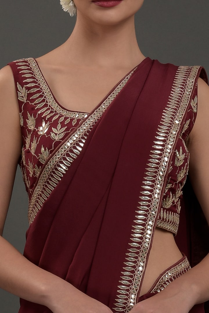 Burgundy Crepe Embroidered Wedding Saree Set by Talking Threads at Pernia's Pop Up Shop