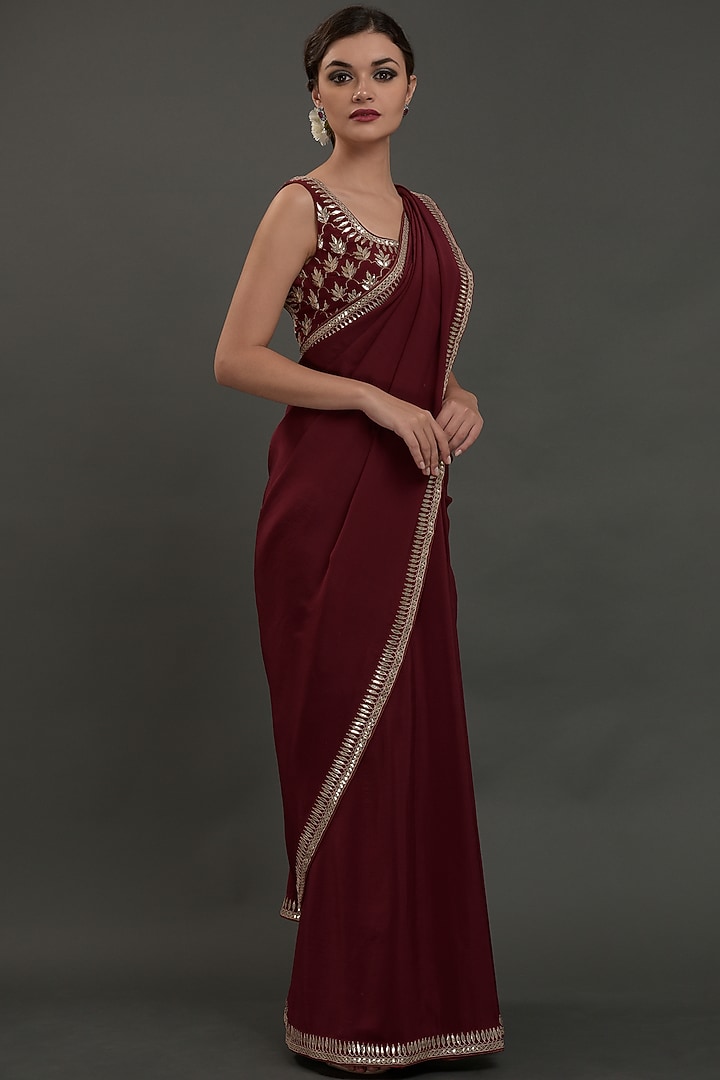 Burgundy Crepe Embroidered Wedding Saree Set by Talking Threads at Pernia's Pop Up Shop