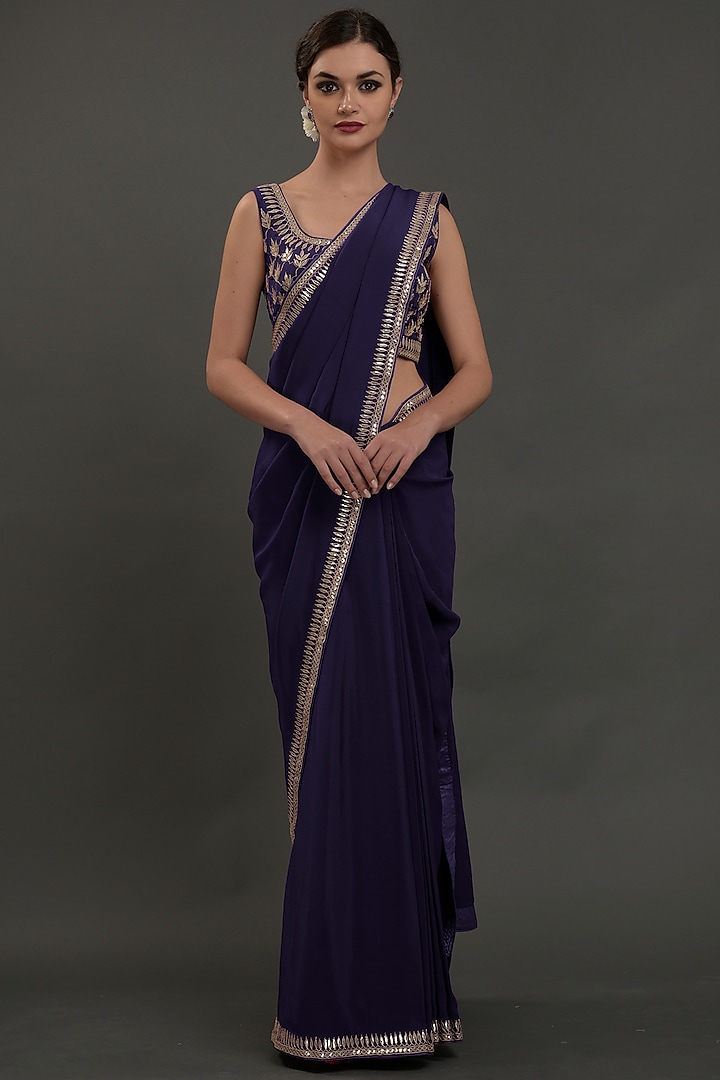 Eclipse Blue Embroidered Saree Set by Talking Threads