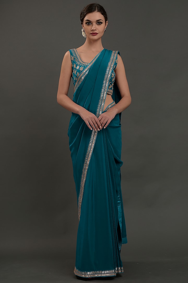Oceanside Blue Crepe Embroidered Saree Set by Talking Threads