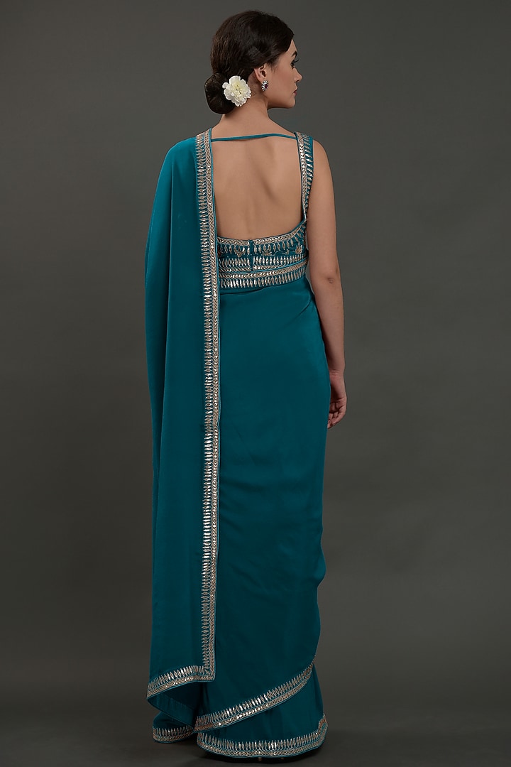 Oceanside Blue Crepe Embroidered Wedding Saree Set by Talking Threads at Pernia's Pop Up Shop