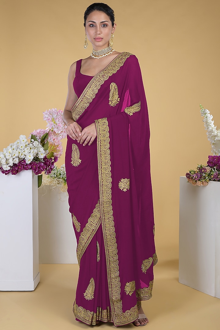 Peacock Pink Embroidered Saree Set by Talking Threads