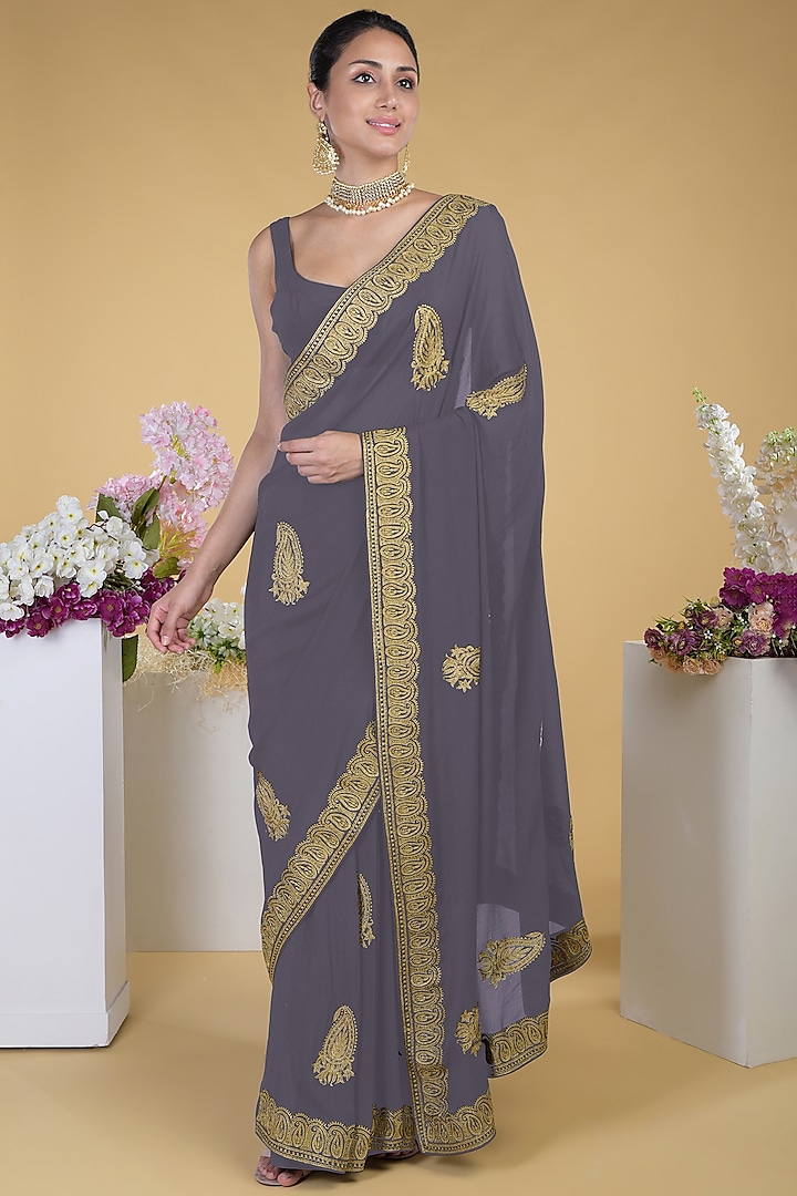 Pewter Georgette Embroidered Saree Set by Talking Threads