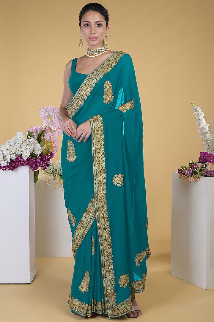 Peacock Blue Embroidered Saree Set by Talking Threads