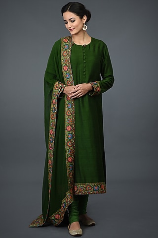 Moss Green Silk Embroidered Kurta Set by Talking Threads