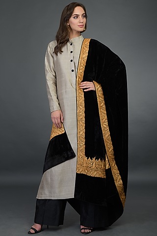 Beige Silk Embroidered Kurta Set by Talking Threads