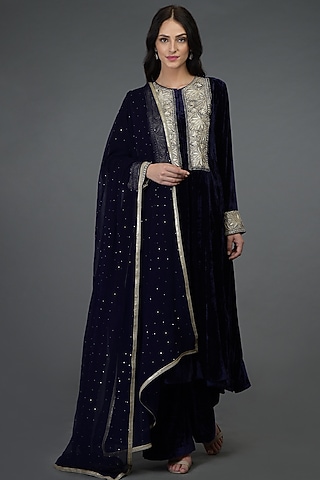 Midnight Blue Embroidered Kurta Set by Talking Threads