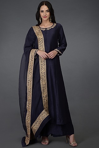 Eclipse Blue Linen Embroidered Kurta Set by Talking Threads