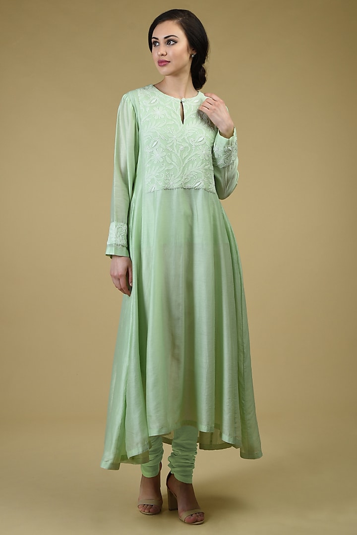 Tea Green Embroidered Kurta With Pants by Talking Threads