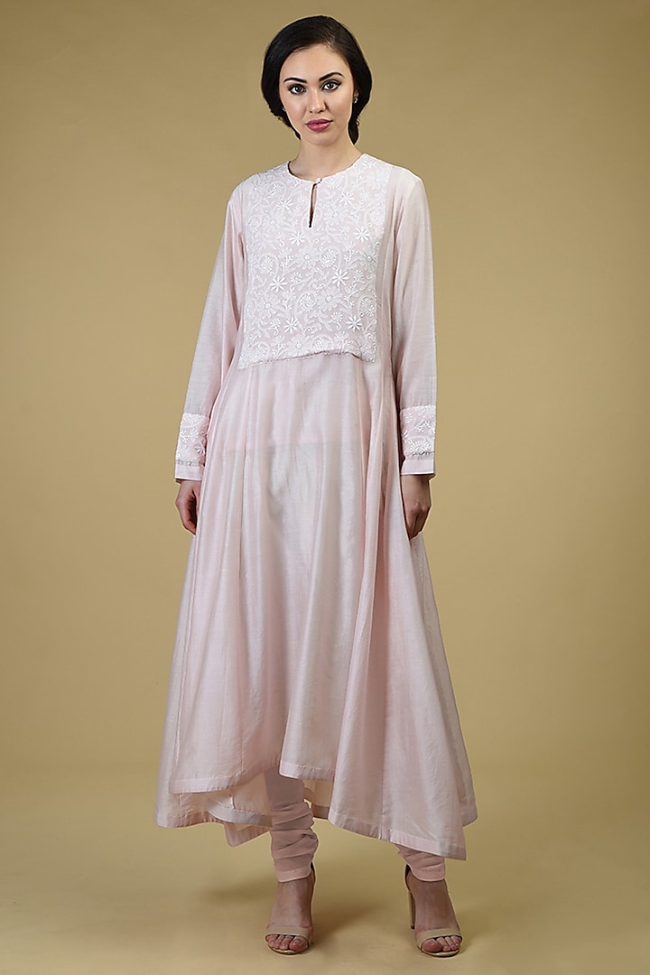 Powder Pink Embroidered Kurta With Pants by Talking Threads