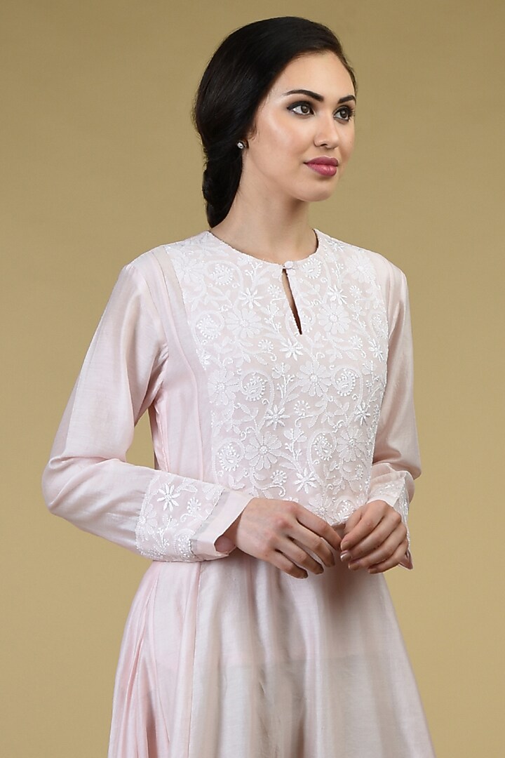 Powder Pink Embroidered Kurta With Pants by Talking Threads at Pernia's Pop Up Shop