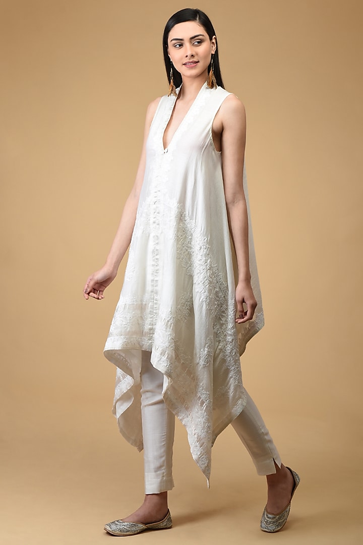 Ivory Chikankari Embroidered Kurta With Pants by Talking Threads