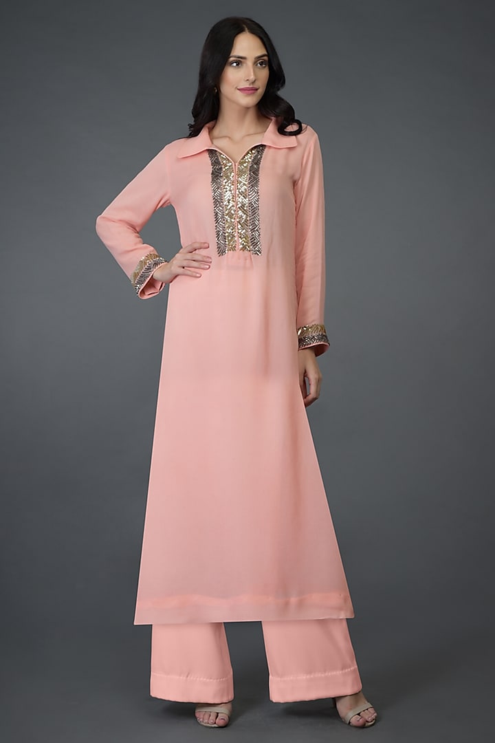 Peach Sequins & Beads Embroidered Kurta With Pants by Talking Threads at Pernia's Pop Up Shop