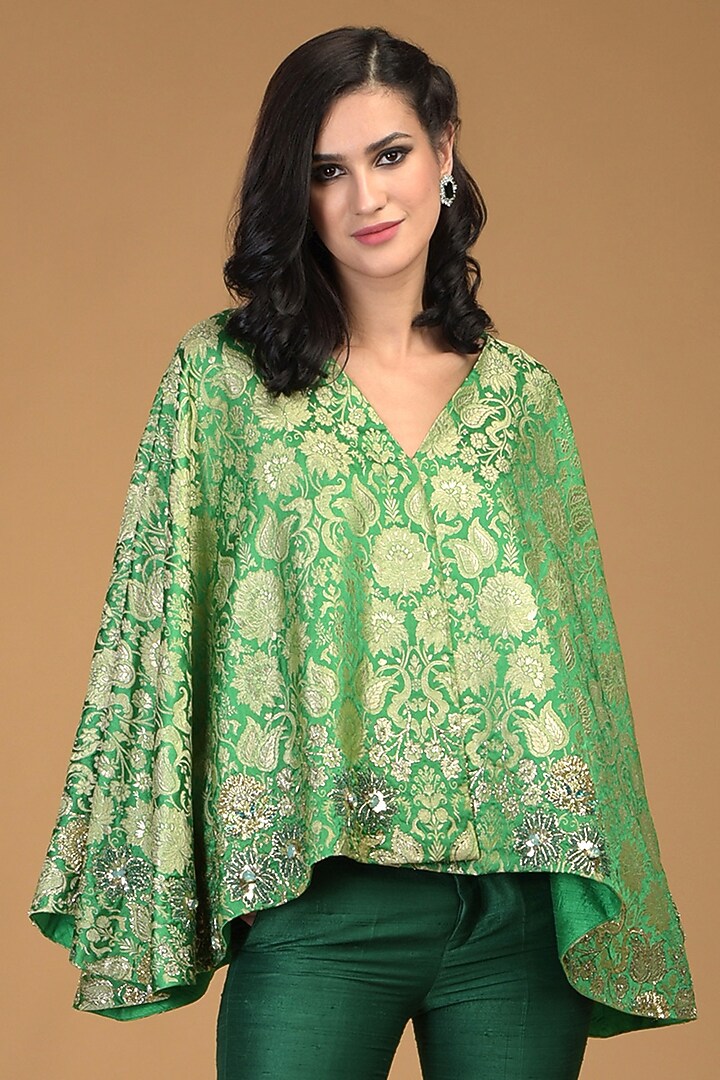 Kelly Green Embroidered Jacket Set by Talking Threads at Pernia's Pop Up Shop