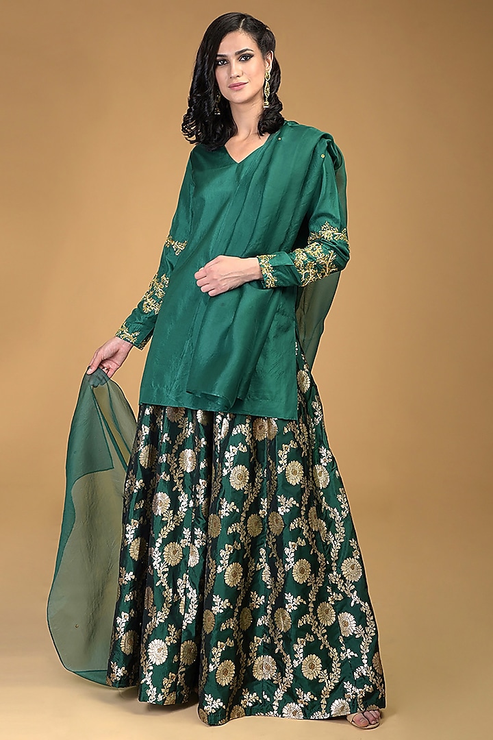 Emerald Green Embroidered Sharara Set by Talking Threads