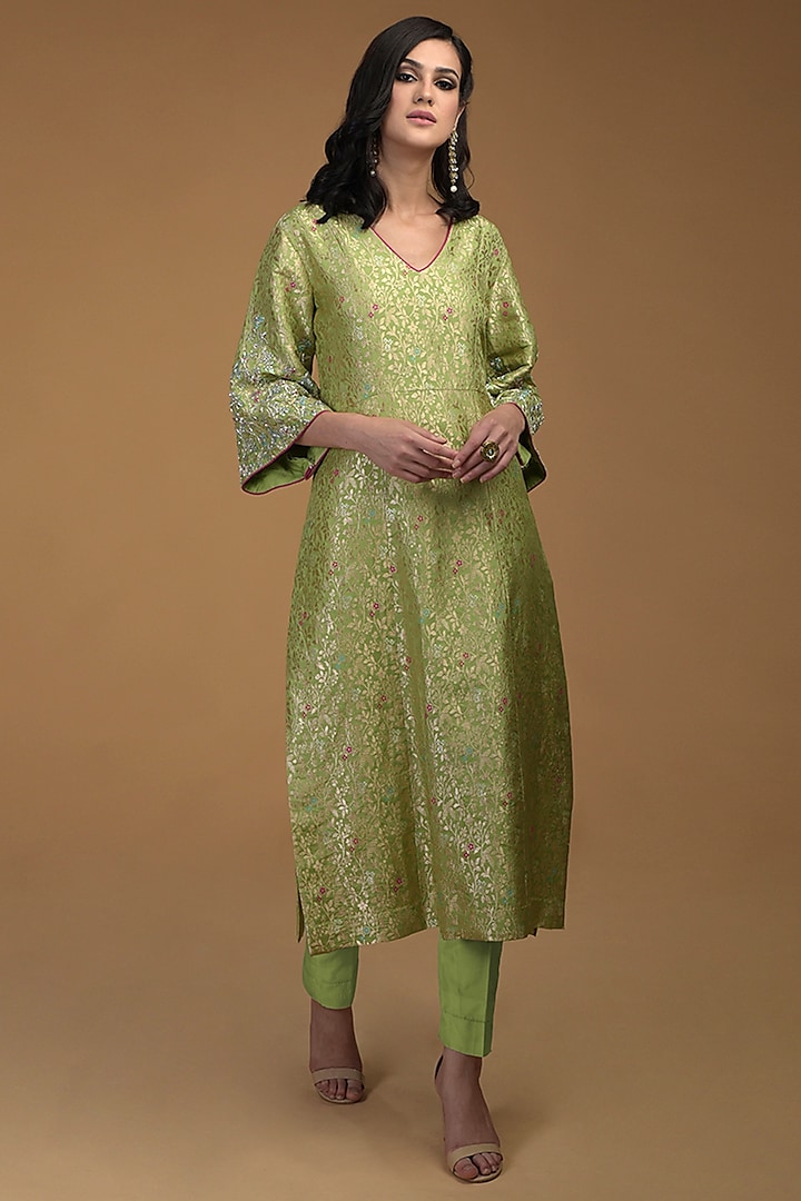 Pista Green Embroidered Kurta With Pants by Talking Threads