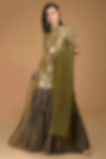 Olive Green Embroidered Gharara Set by Talking Threads