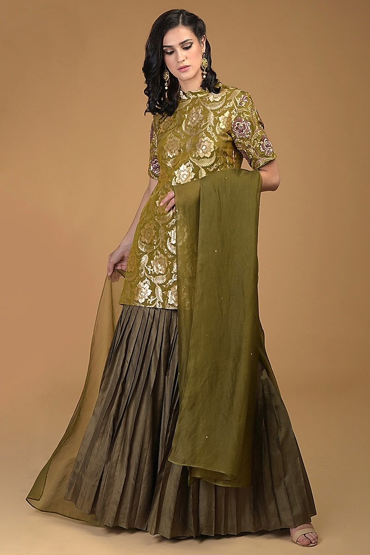 Olive Green Embroidered Gharara Set by Talking Threads