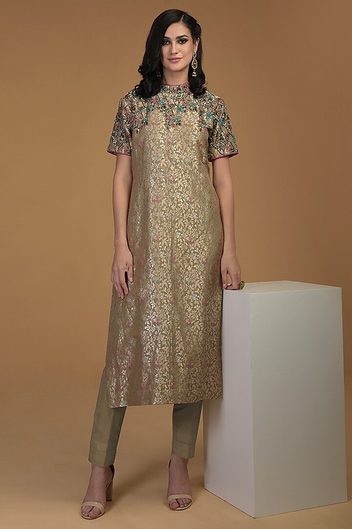 Taupe Green Embroidered Kurta With Pants by Talking Threads