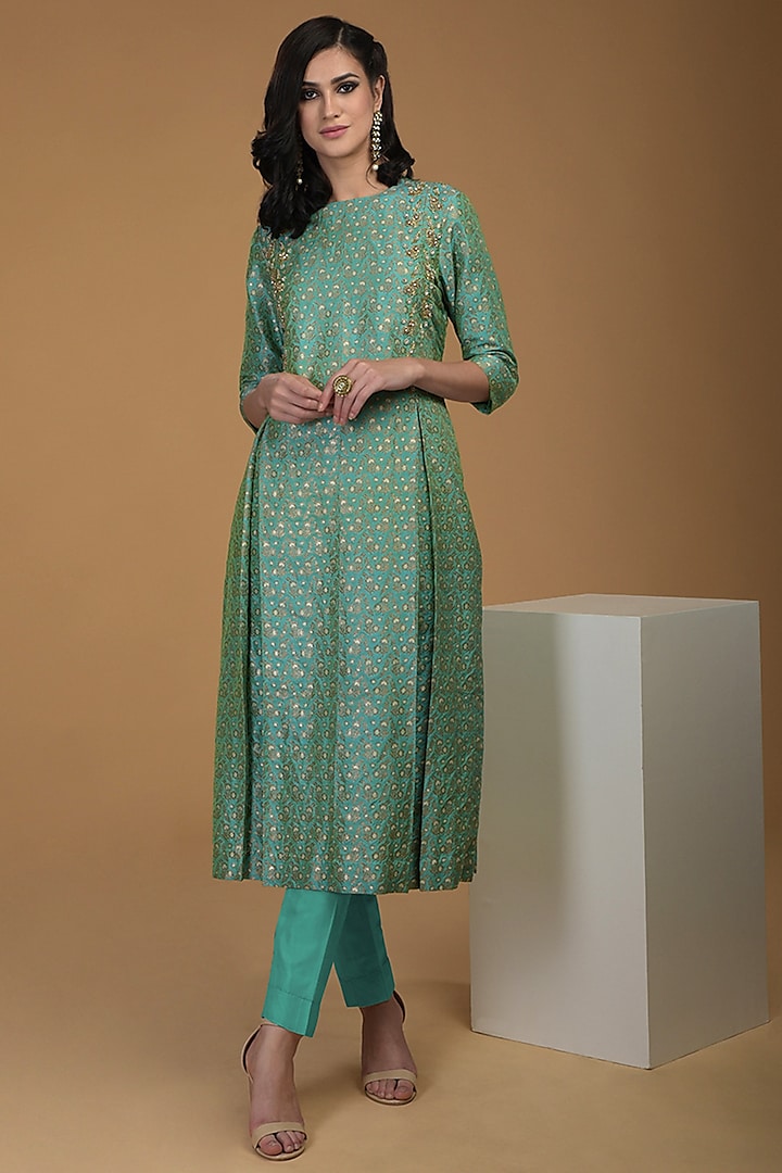 Sea Green Embroidered Kurta With Pants by Talking Threads