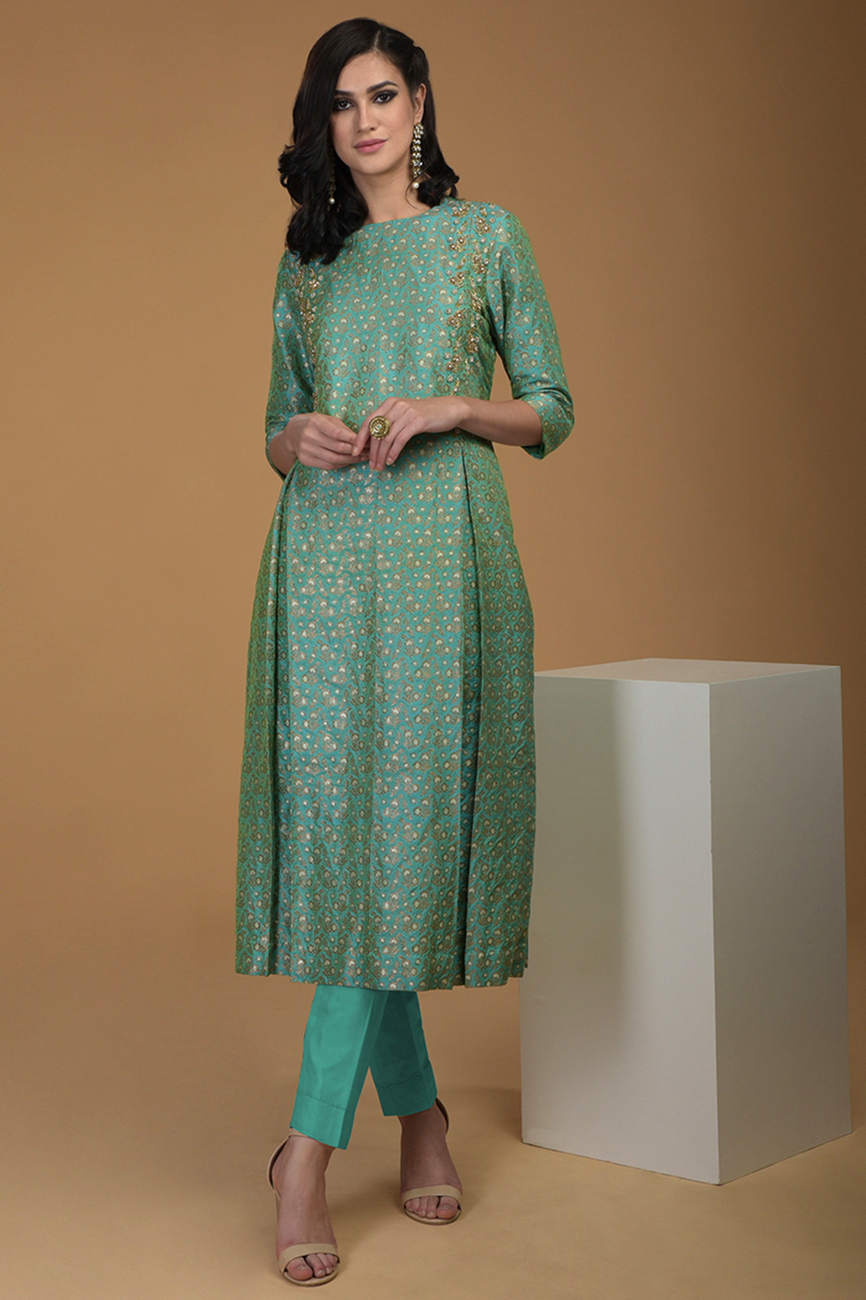 Sea Green Embroidered Kurta With Pants by Talking Threads